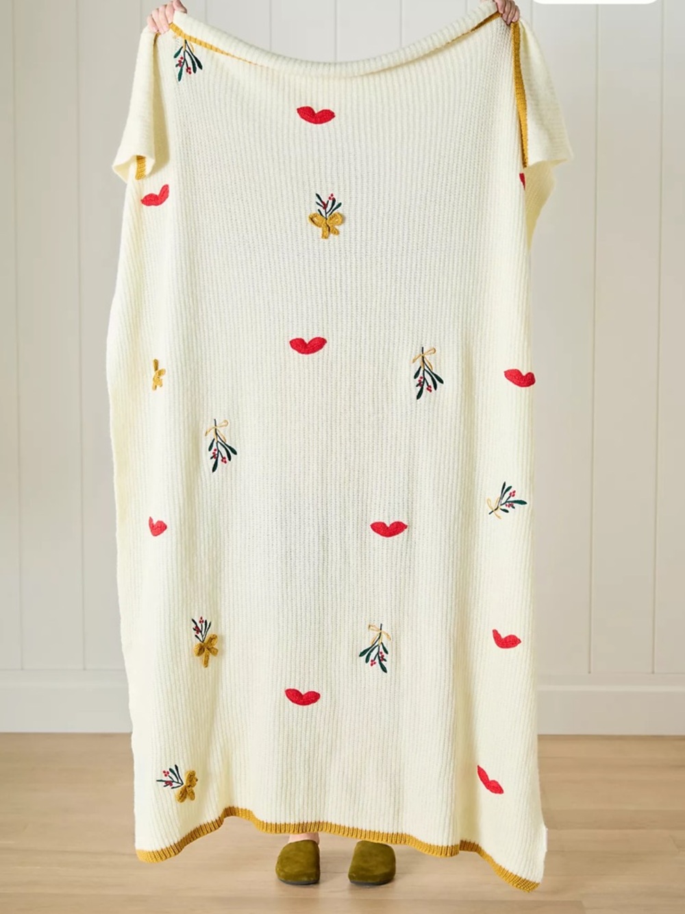 Anthropologie Cream Knitted Blanket with Embroidered Lips and Flowers